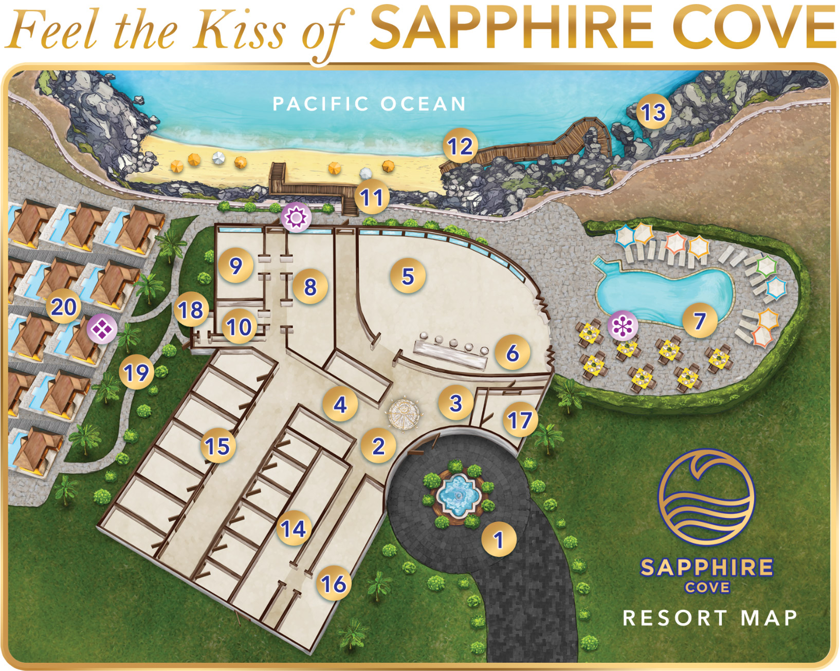 Resort Map of Sapphire Cove titled "Feel the Kiss of Sapphire Cove" with numbered locations on the map.